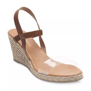 Andre Assous Tan Brown and Clear Wedge Sandals